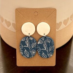 Blue & White Floral Print Clay Earrings
